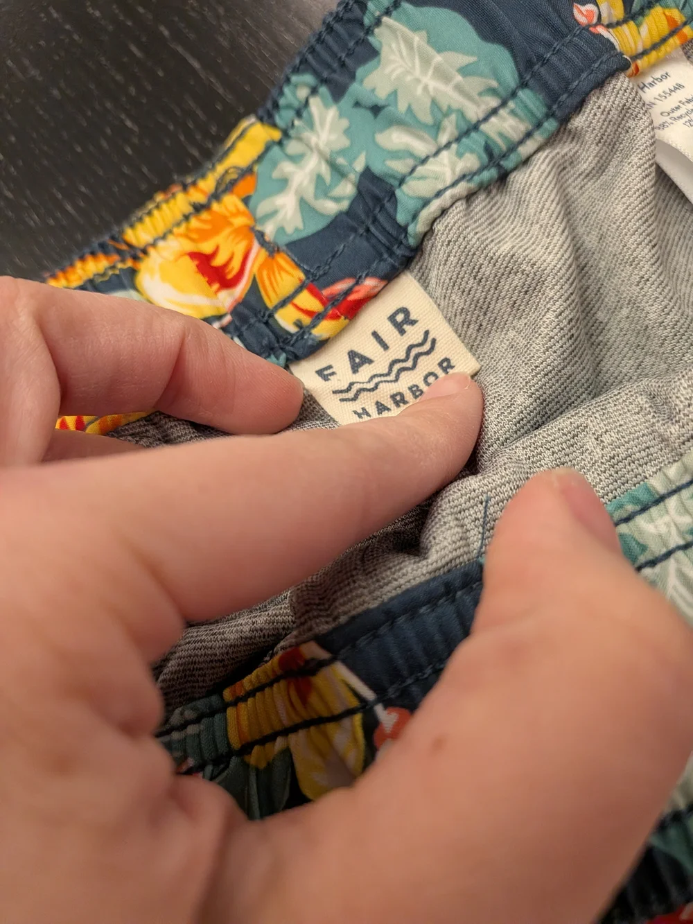 Fair Harbor Navy Swim Trunks with Yellow & Red Floral Print